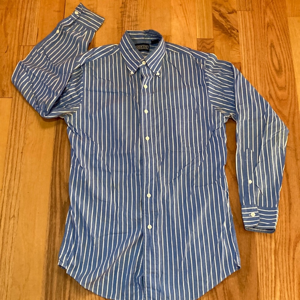 Land’s End Men Blue/White Vertical Striped Shirt 100% Cotton Sz 14.5 neck 32.